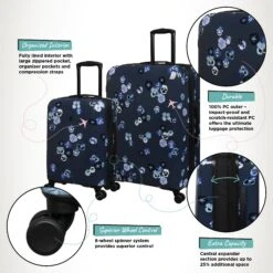 IT Luggage Sheen - 2pc Set (Pansies Floral Blue Depths) -Travel Storage Store Sheen Pansies Large Cabin Infographic
